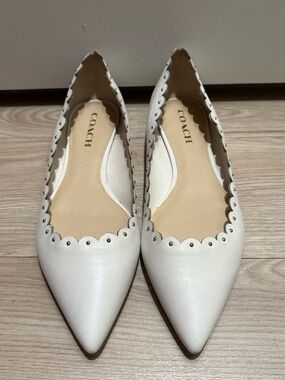Coach White Scalloped Pointed Leather Flats with Stud Accents
